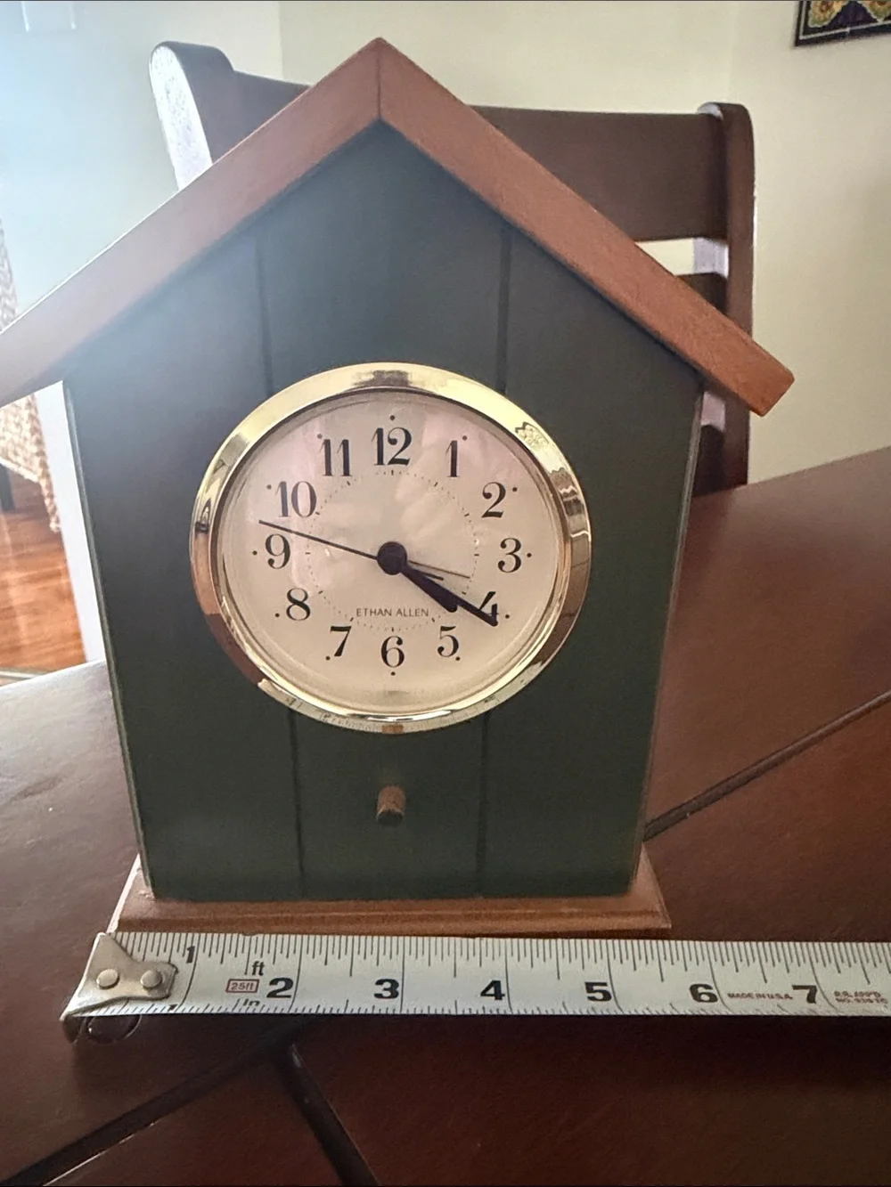 Vintage Ethan Allen Green and Brown Cottage-Style Mantel Clock with Gold Bezel